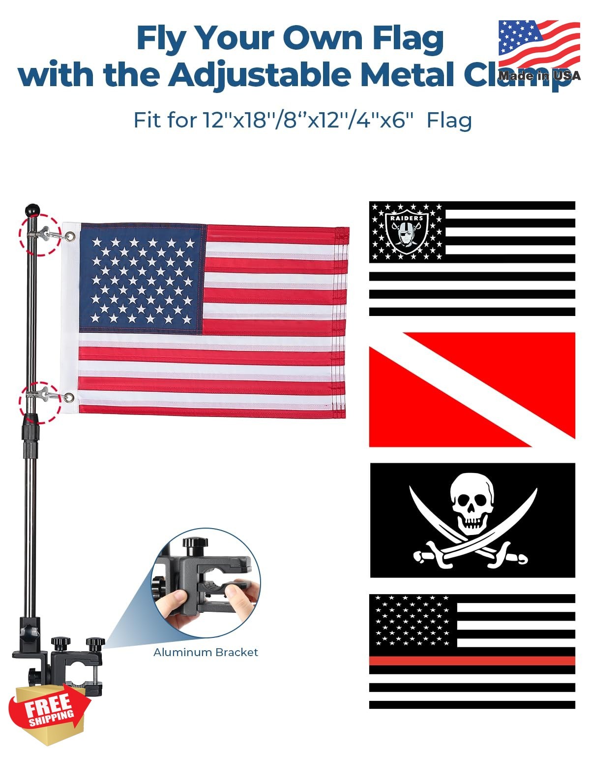 KEMIMOTO Boat American Flag Pole Kit, 360° Adjustable 12”x18” Pontoon Boat Fla