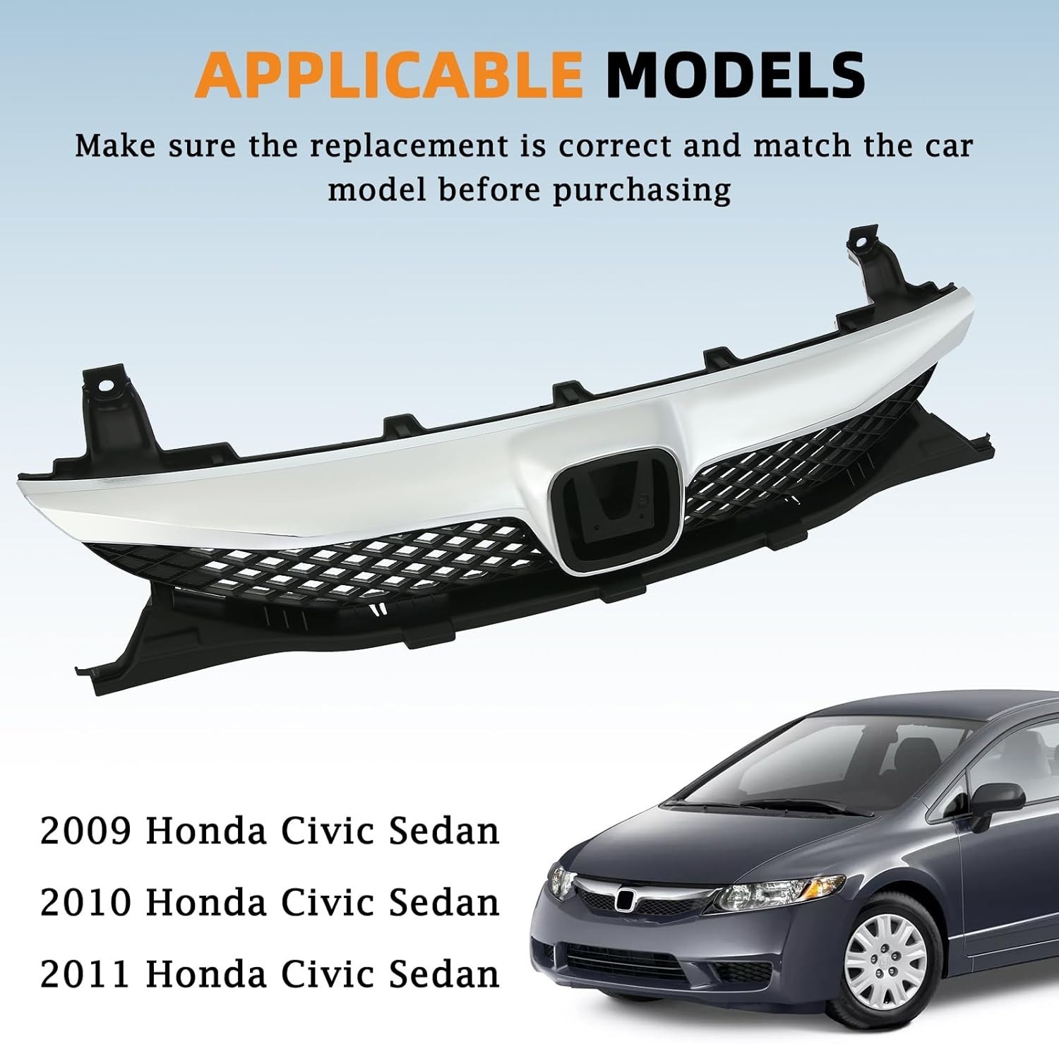 Front Bumper Grille Grill Gloss Compatible With 2009-2011 Honda Civic Sedan Blac