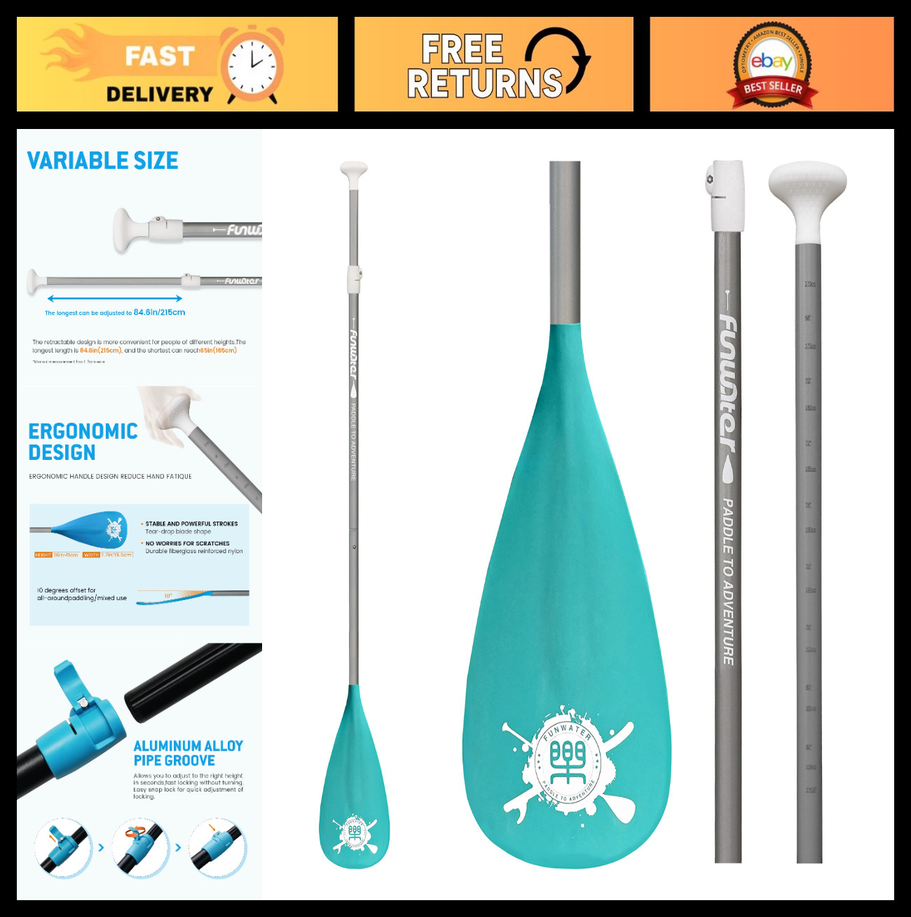 Adjustable 3-Piece SUP Paddle – Lightweight Floating Paddle Board Oar – Durable