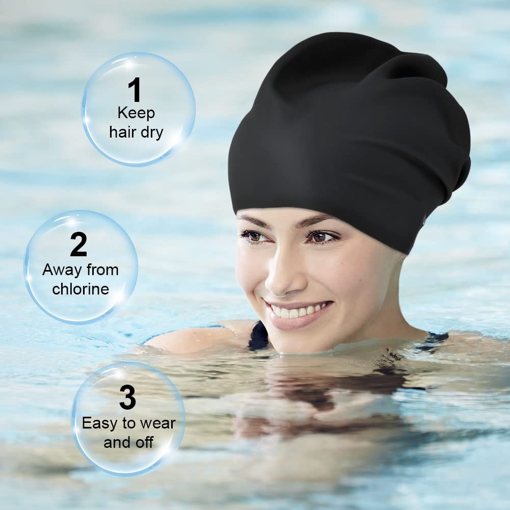 AMFUN Swimming Cap for Long Hair, Extra Large Caps 1 pack, black