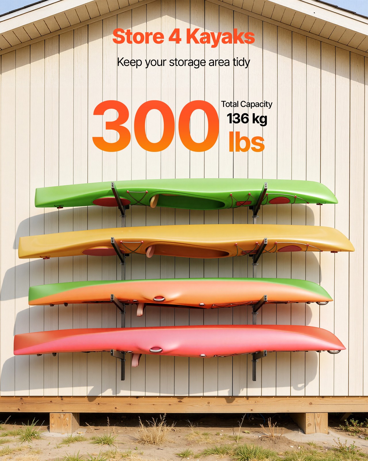 VEVOR Kayak Storage Rack Wall Mounted Kayak Rack 4 Kayaks 300 lbs Paddleboard