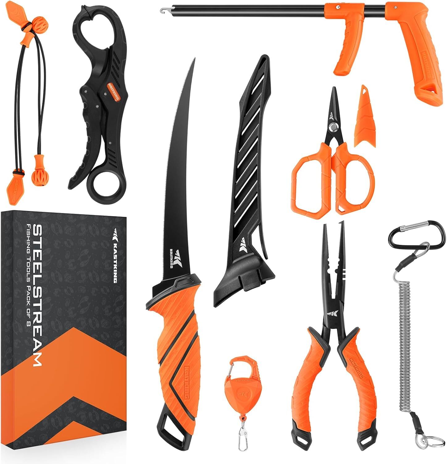 KastKing SteelStream 8pc Fishing Tool Kit Pliers Fillet Knife Lip Gripper & More