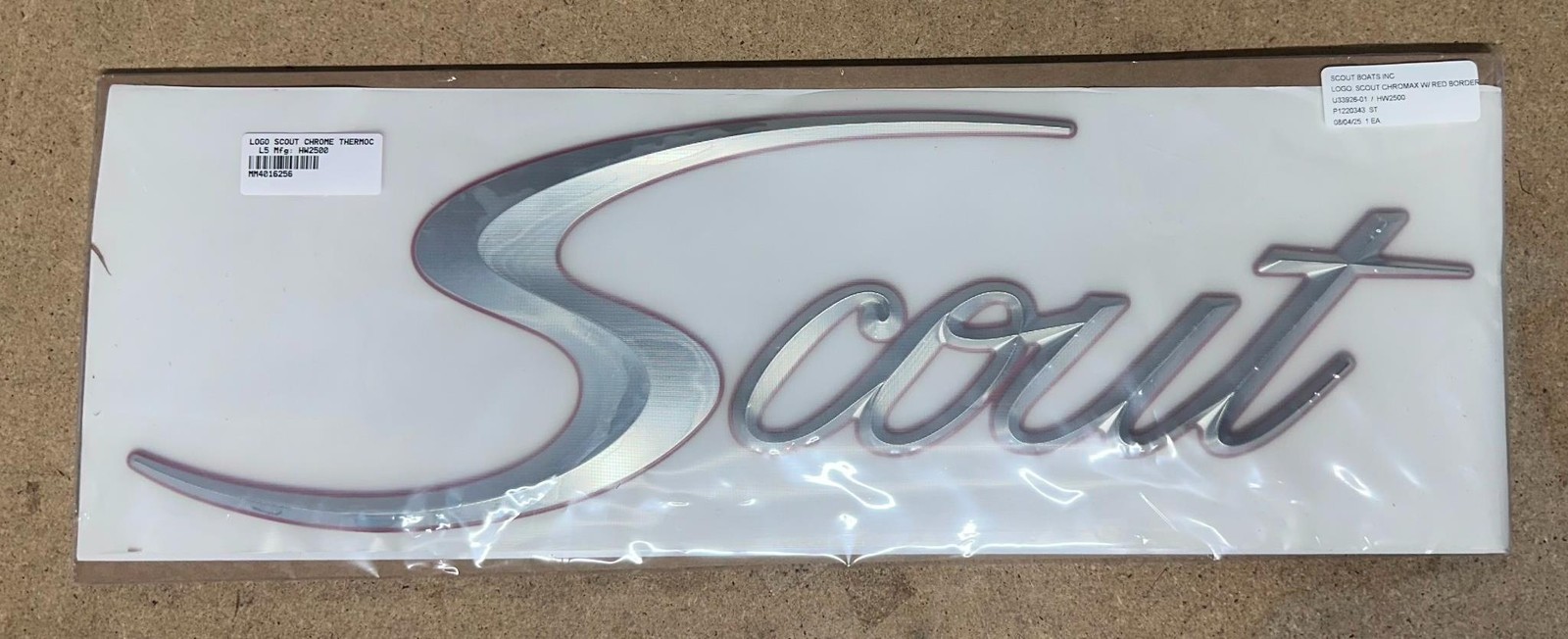 Scout HW2500 Boat Emblem LOGO SCOUT CHROME THERMOCAL W/ RED BORDER, (MIA)