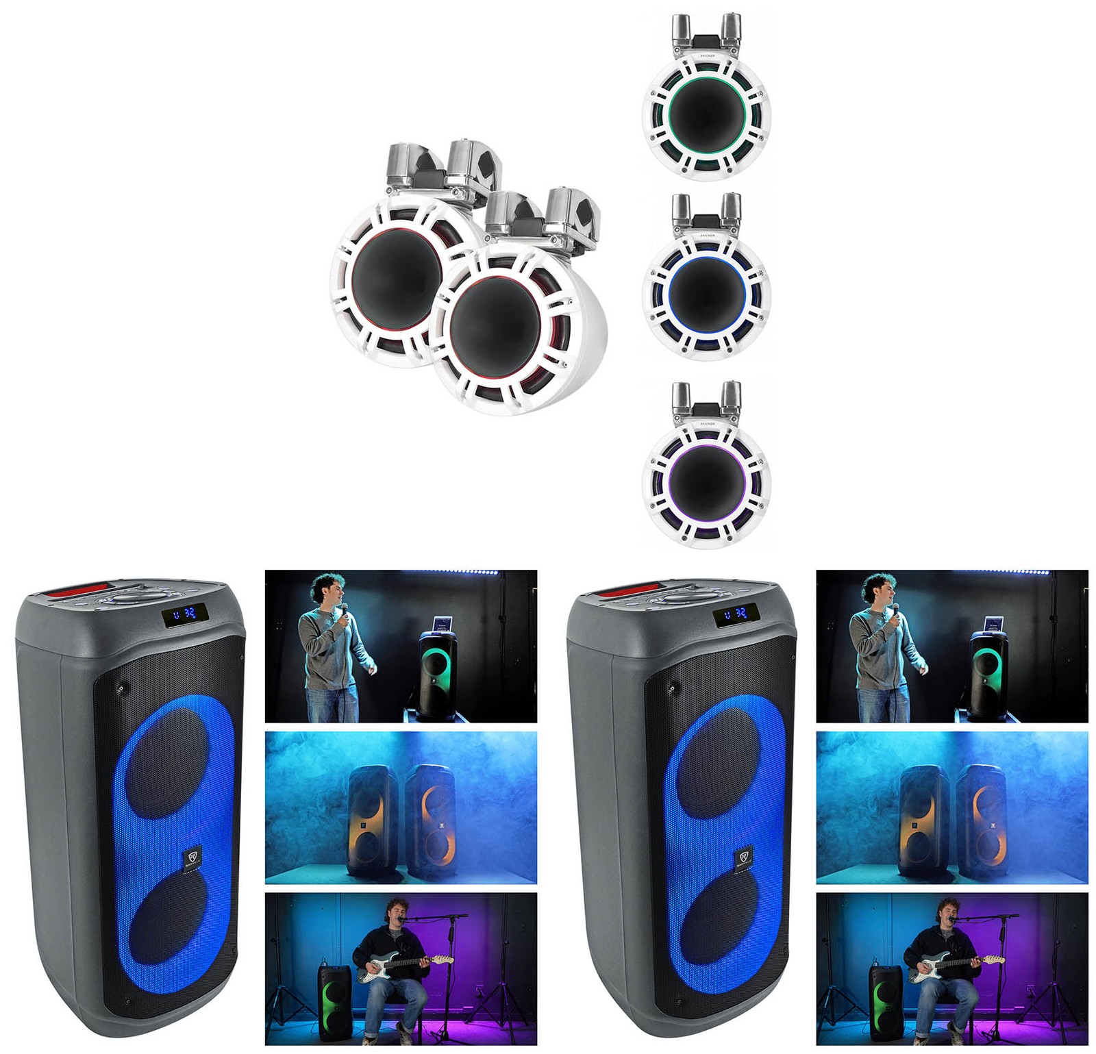 Pair Kicker KMTC9 HLCD 9″ White Wakeboard Tower LED Speakers+(2) Party Speakers