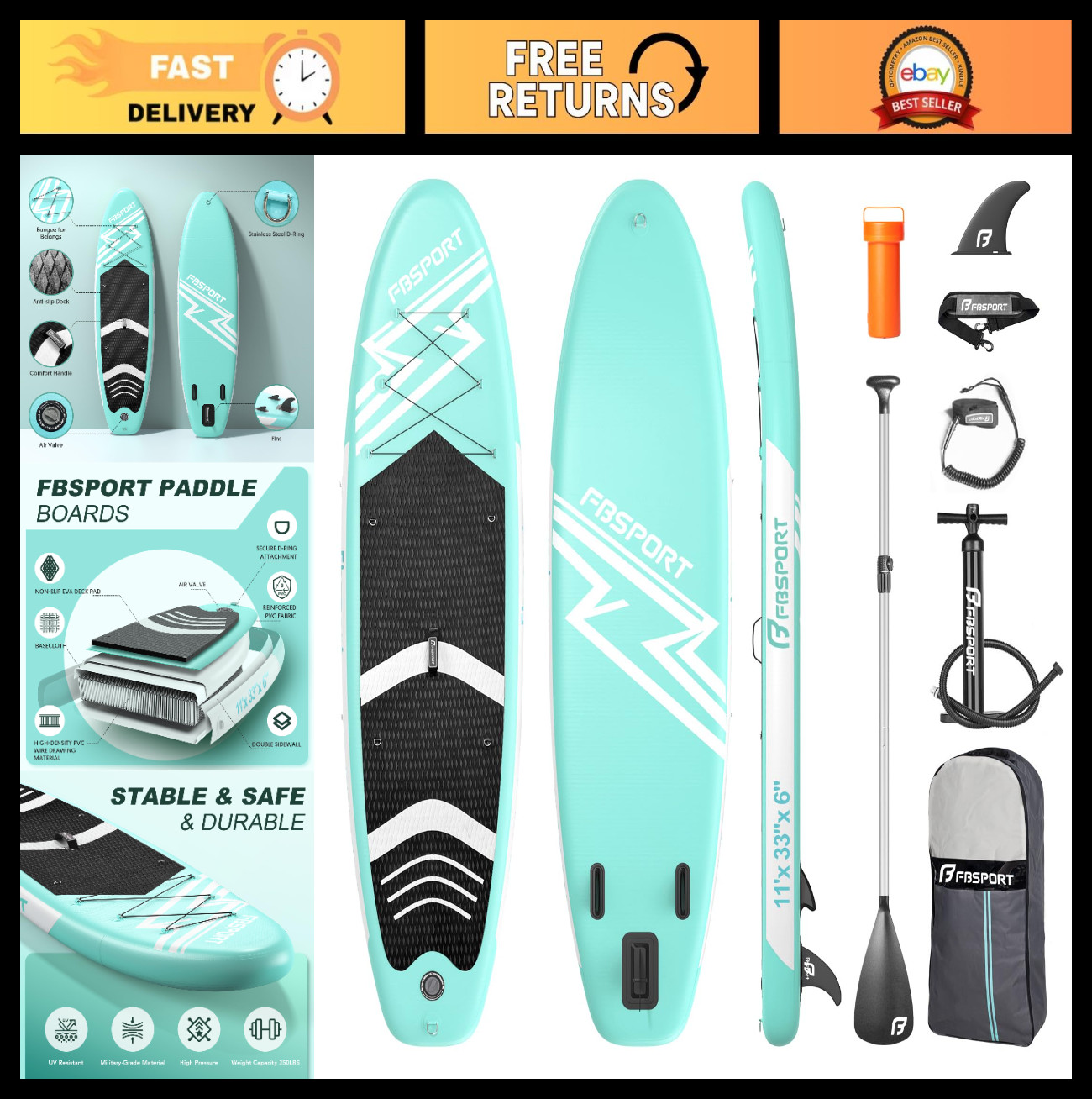 11′ Premium Stand Up Paddle Board – Yoga SUP with Accessories, Non-Slip Deck, Ca