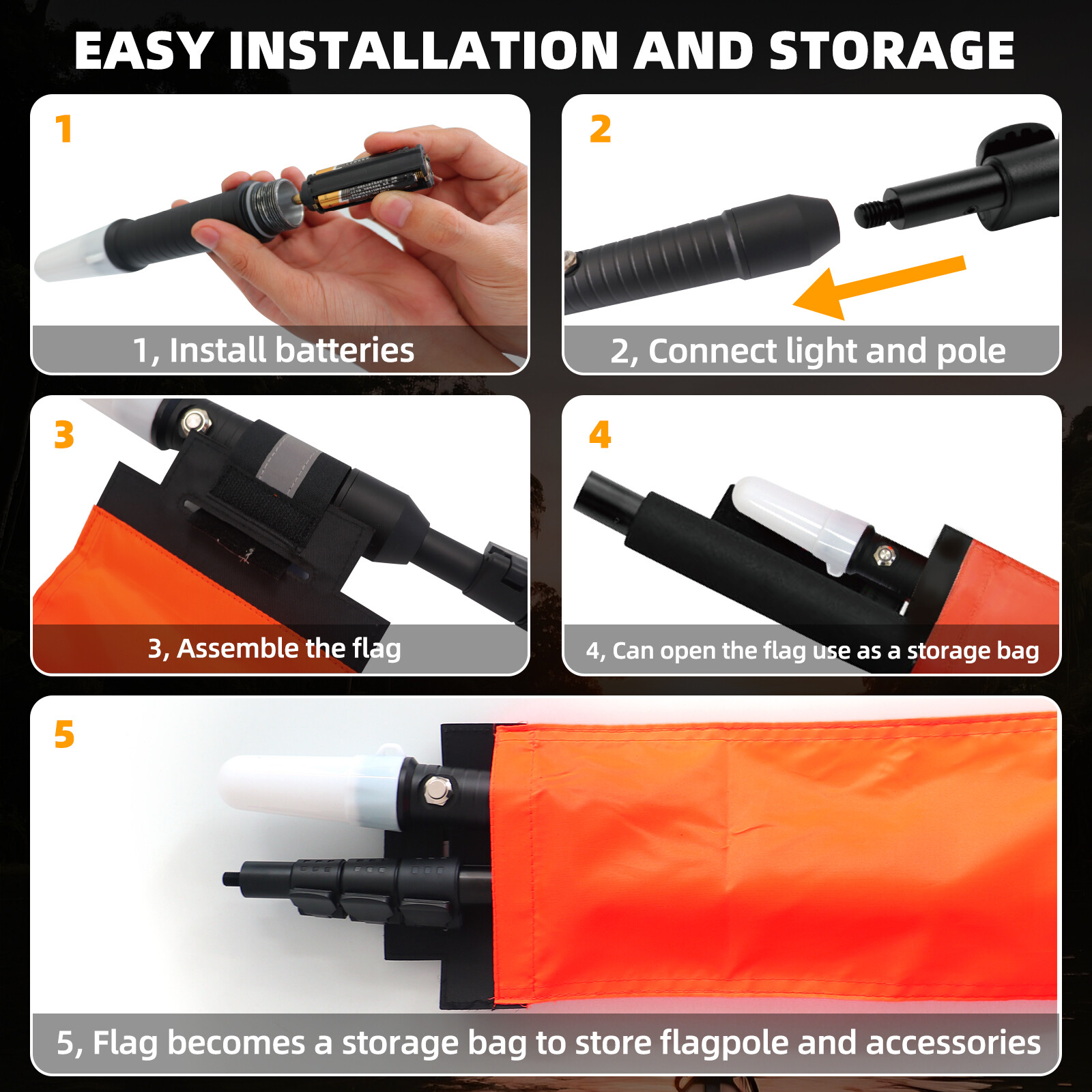360 LED Light Pole Flag Kayak Safety Flag Pennant For Canoe Boat Fishing Dinghy