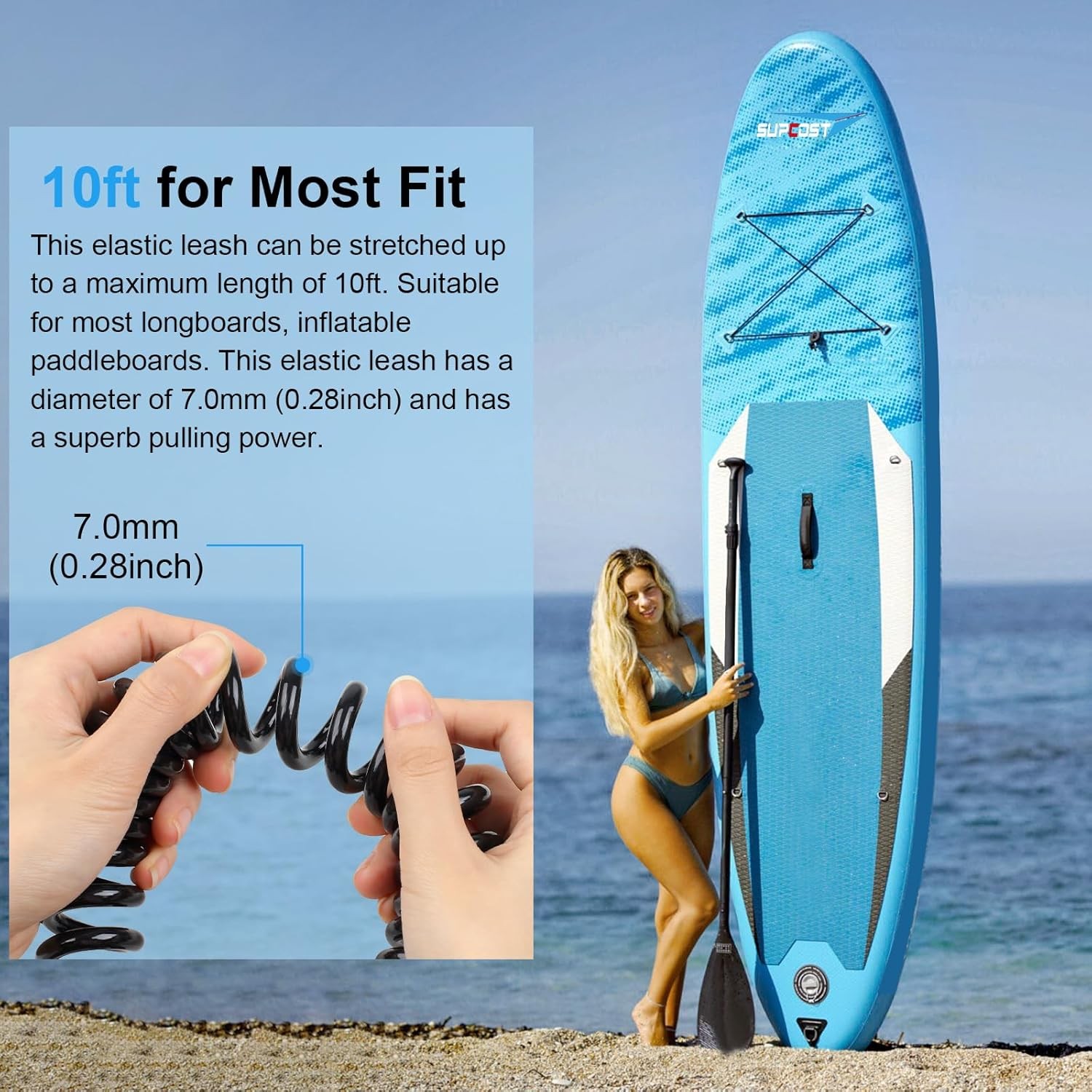 10 ft Surf Board Leash, 5.5mm/7.0mm Thick Urethane Coiled Paddle Board Leash. Co