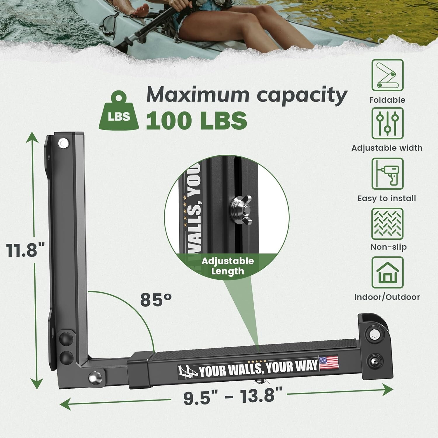 Foldable Kayak Wall Rack | Heavy-Duty 9.5-13.8″ Kayak Storage Rack Hanger