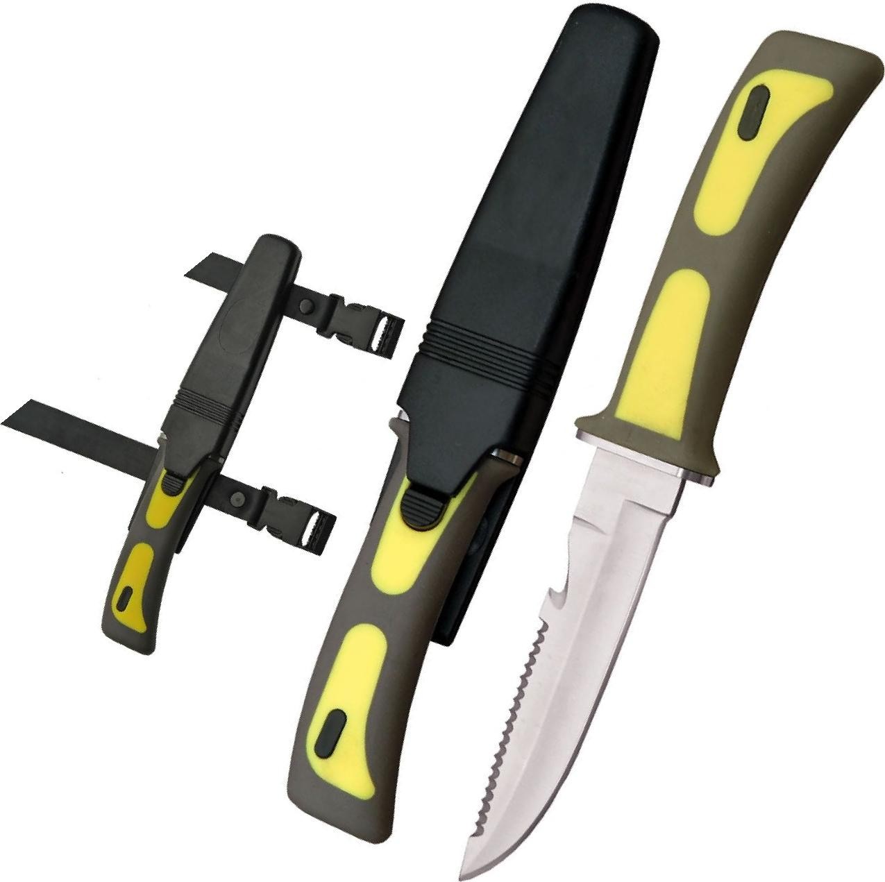 Diving Knife | Rite Edge 4in Stainless Steel Blade Yellow/Gray Rubber + Sheath