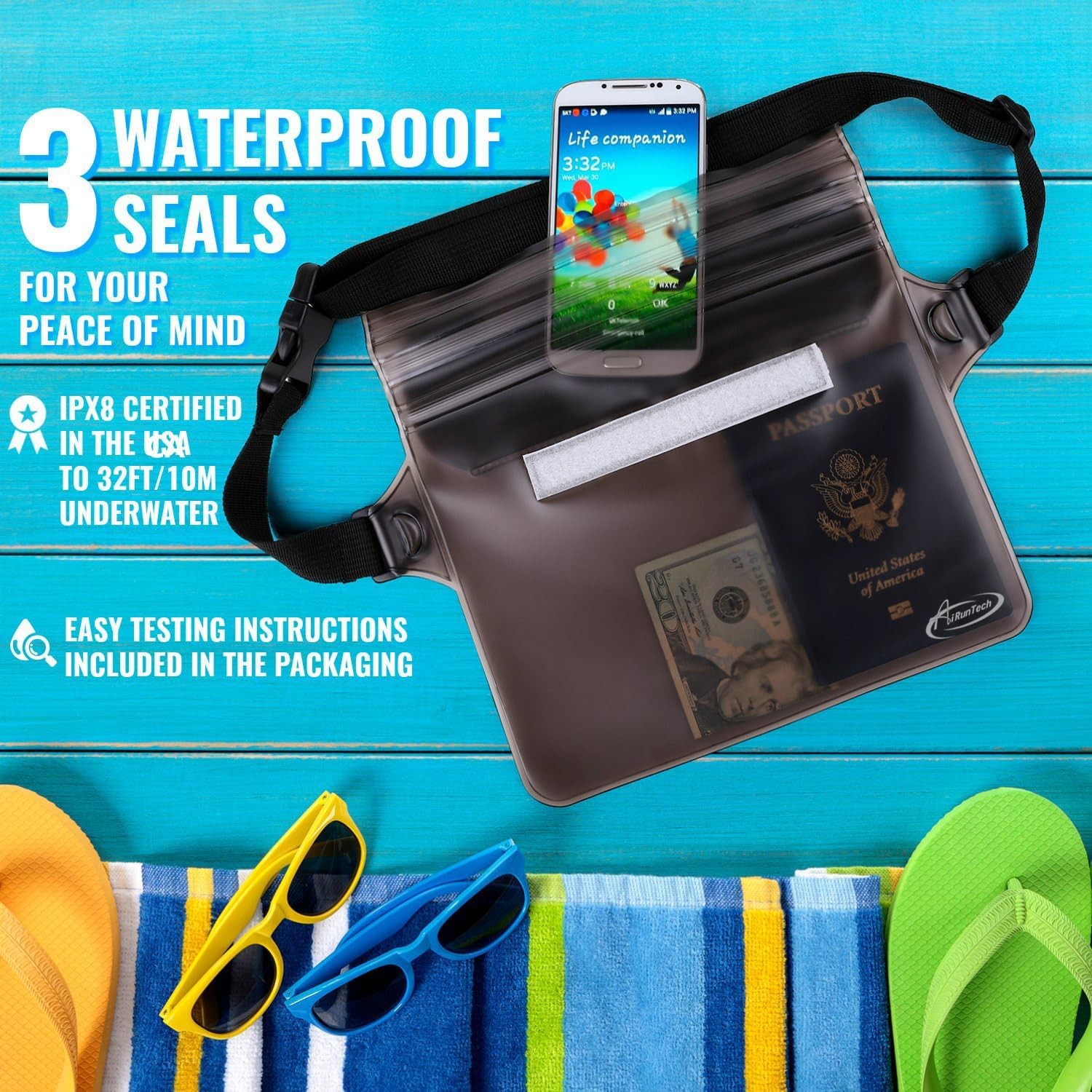 AiRunTech Waterproof Fanny Pack,Phone Pouch 8.5 x 5.8 inches, Gray + Black