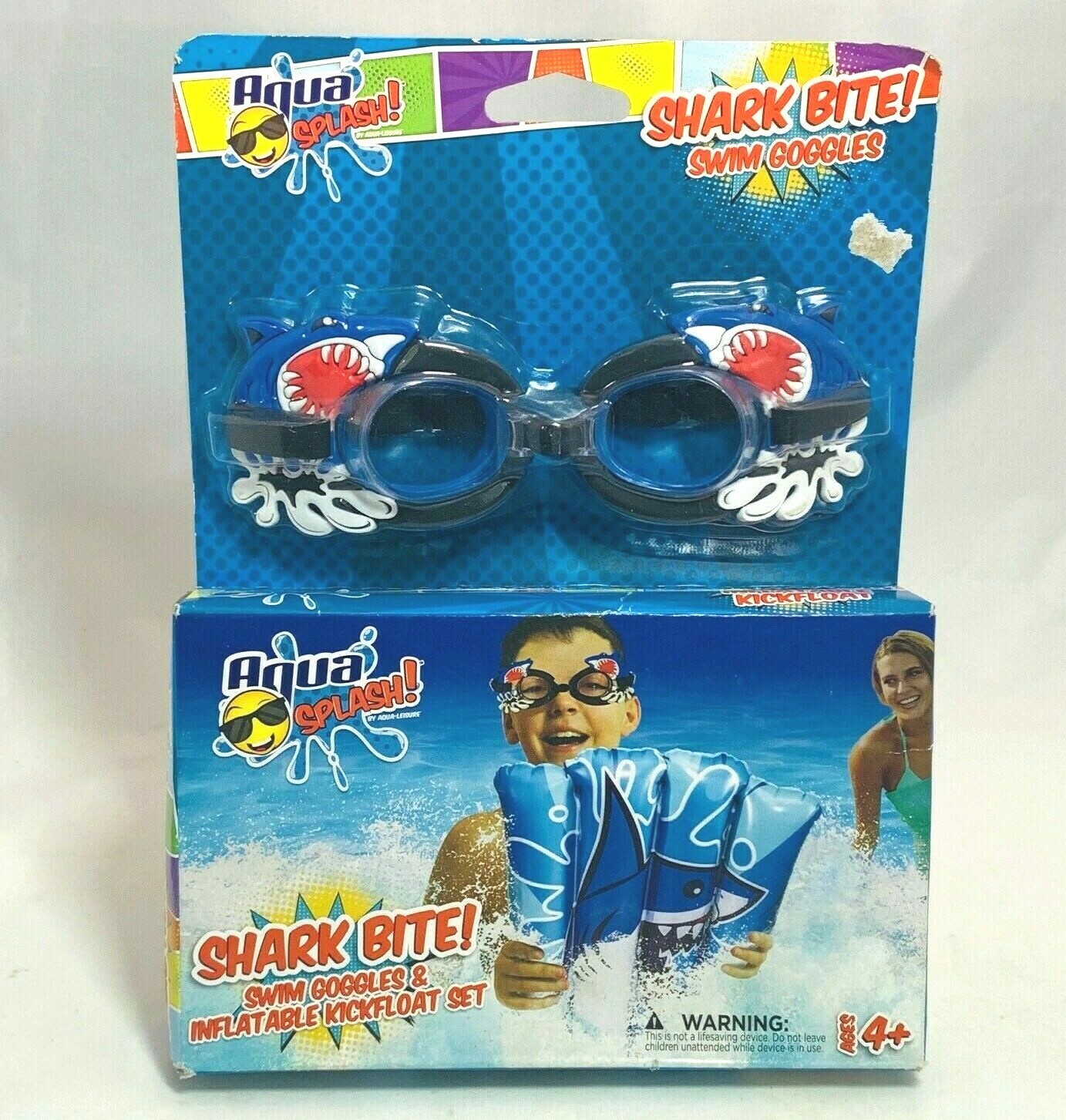 Aqua Splash 2 Piece Shark Bite Set SWIM GOGGLES & KICK FLOAT NIB Summer Pool