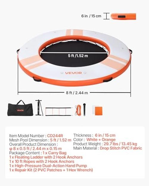 Inflatable Floating Dock, φ8 x 0.5 ft/2.44 m x 0.15 m White + Orange