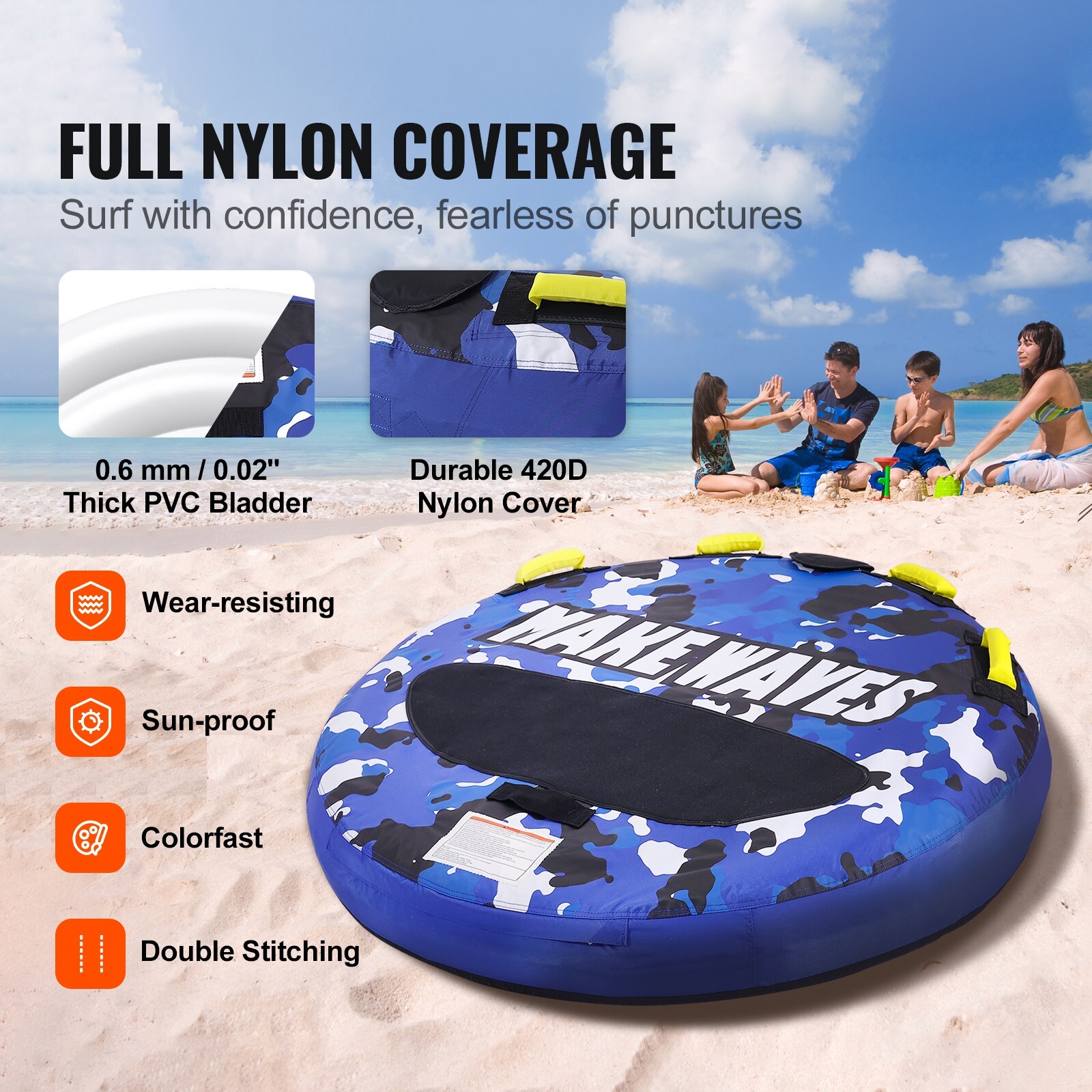 Inflatable Towable Tube 51.8 inch Round Tube for Boating 1-2 Rider Water Sport