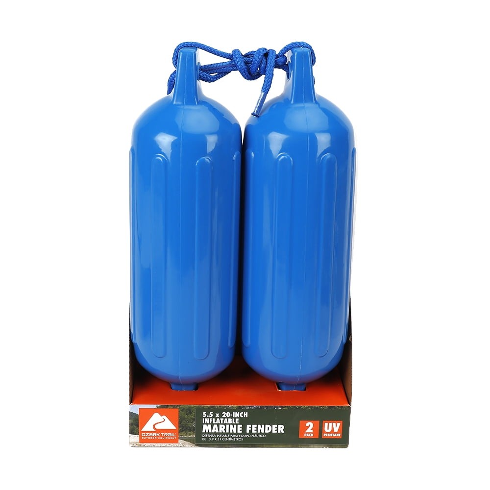 2-pack Inflatable Boat Fenders – Blue 5.5×20″ W/ Fender Lines Bumpers Buoys