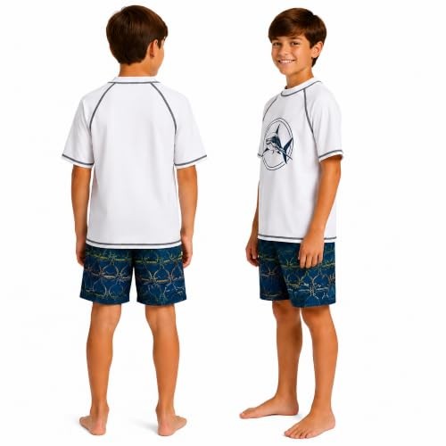 iXtreme Boys Swim Set – 2 Piece Rash Guard Short Sleeve Swim 5 White/Blue Shark