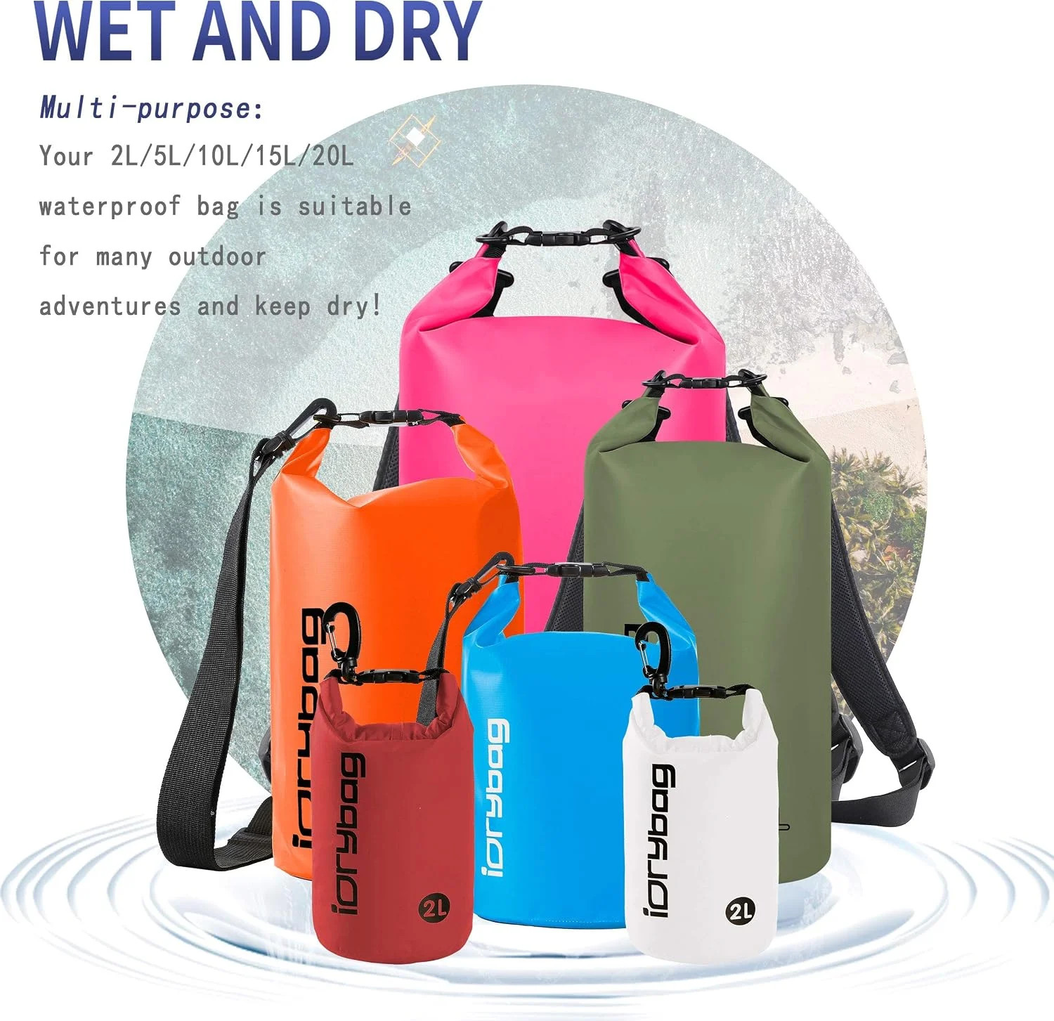 IDRYBAG Dry Bag for Kayaking Waterproof 2L/5L/10L/15L/20L, Small Dry Sack Waterp