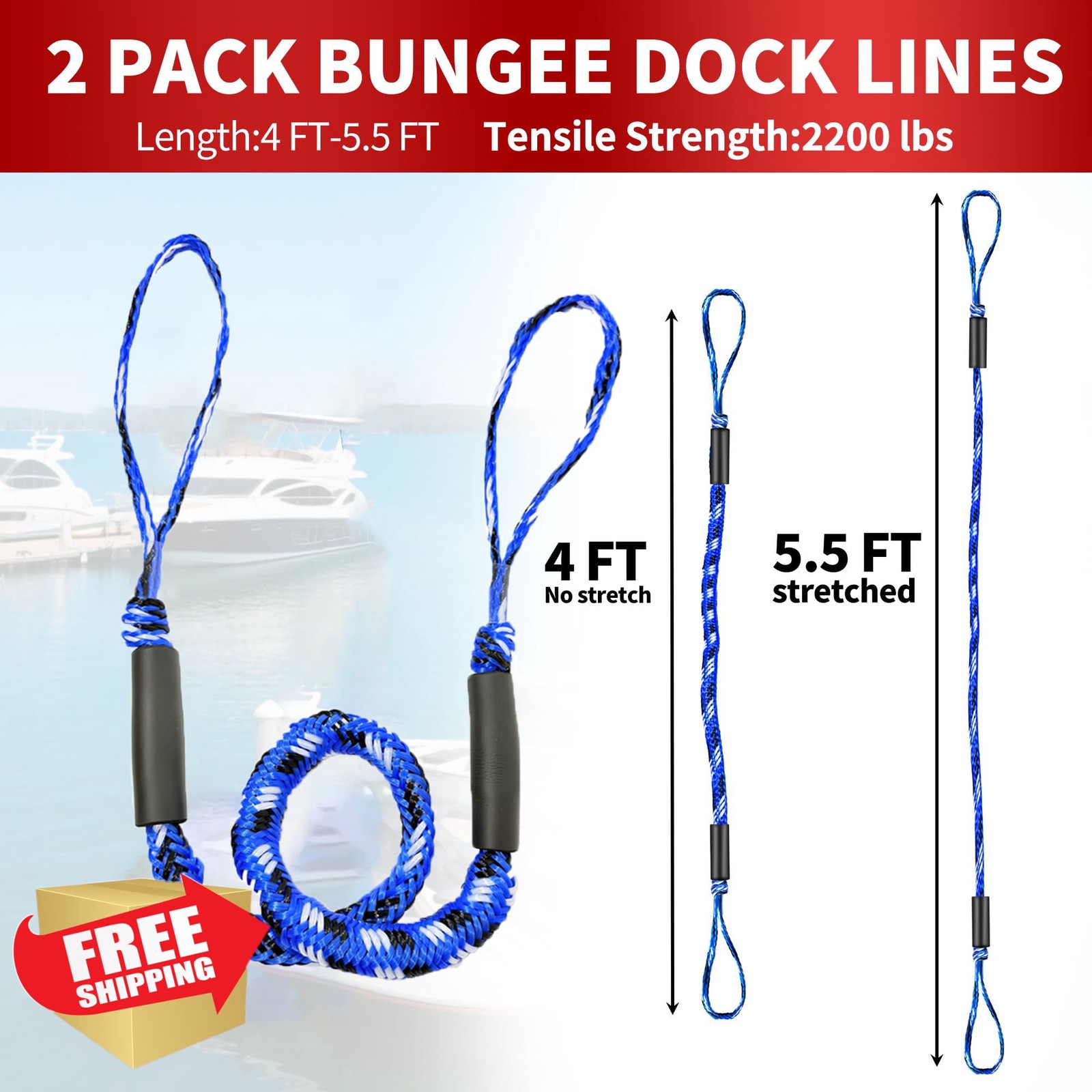 NIUTRIP Bungee Dock Line Blue White Black 4FT 2PC