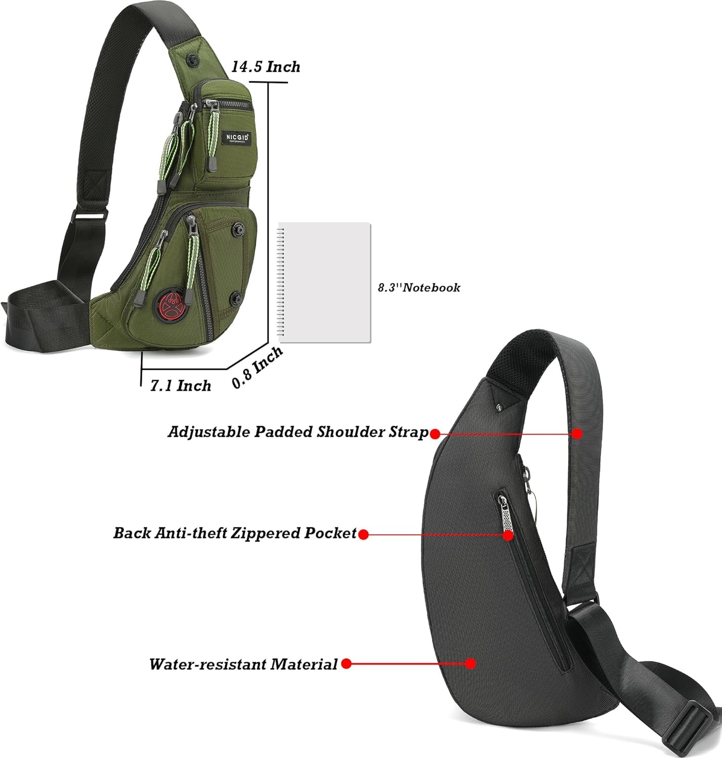 NICGID Sling Bag Chest Shoulder Backpack Crossbody Bags Casual Army Green