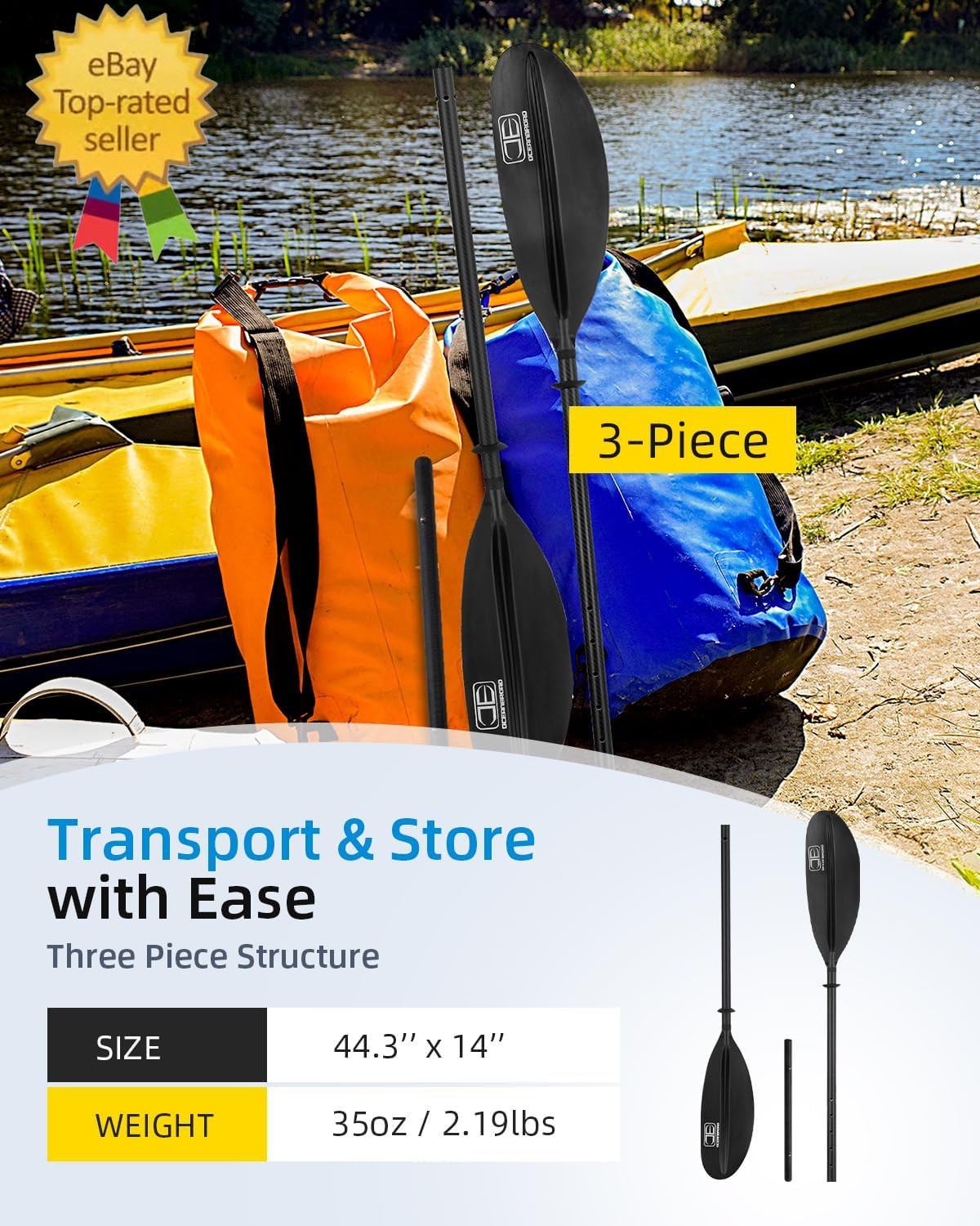 Adjustable Carbon Fiber Kayak Paddle 86In/220Cm to 94In/240Cm Kayaking Oar
