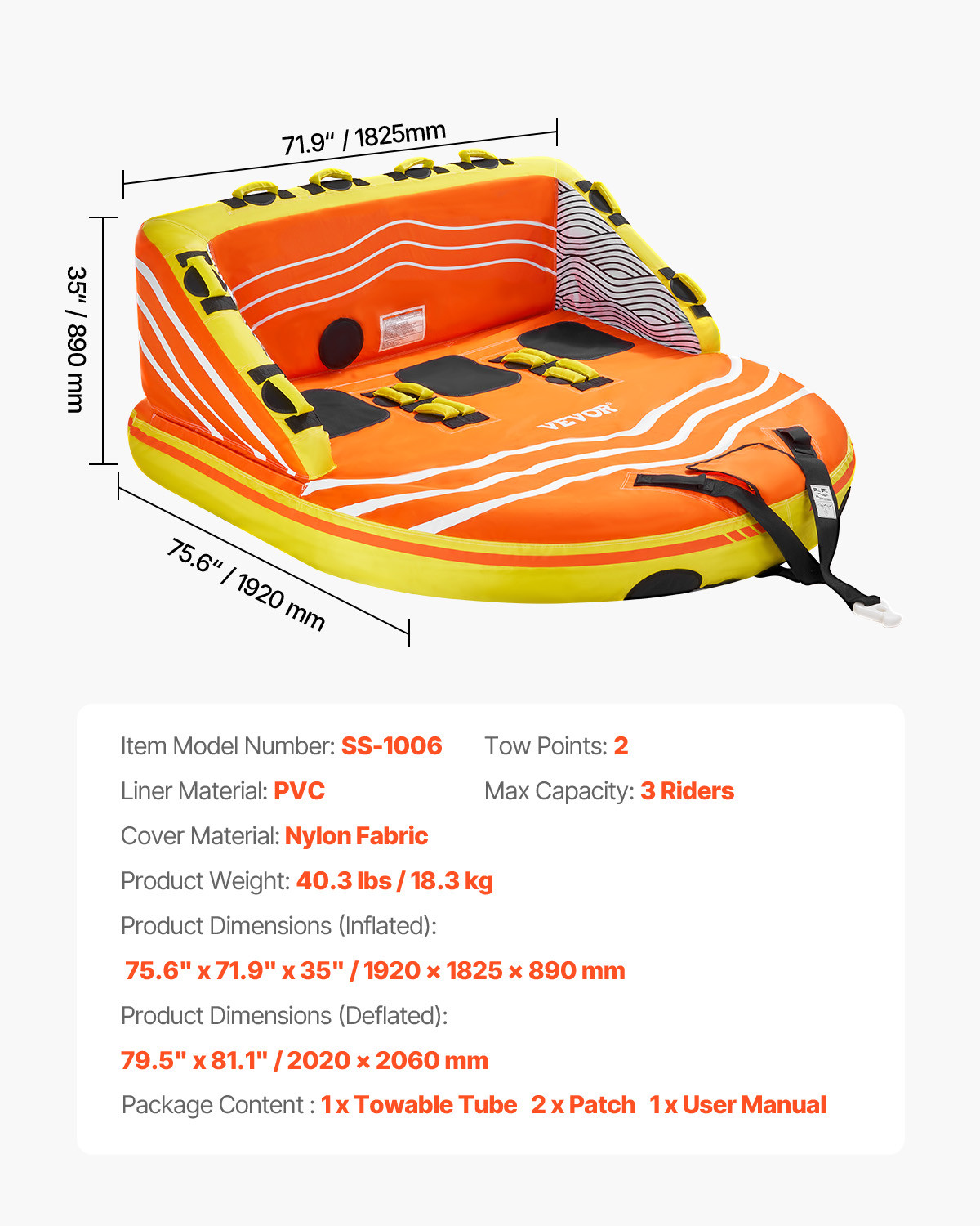VEVOR Towable Tube for Boating 1-3 Riders Inflatable Boating Tubes Water Sport