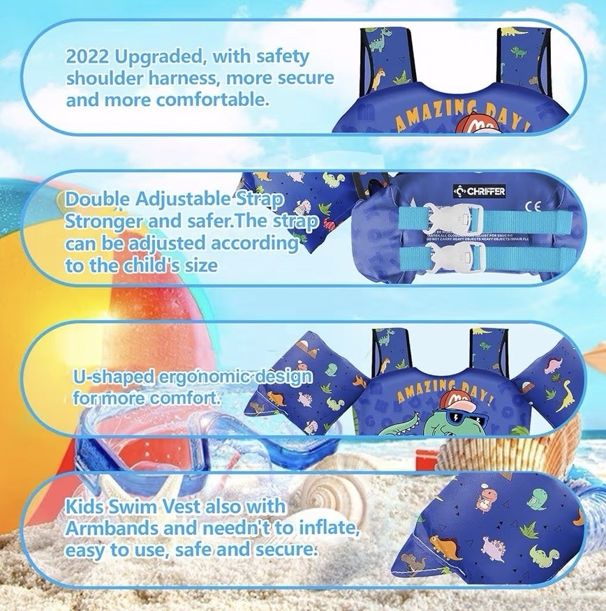 Chriffer Kids Swim Vest Life Jacket for 30-55 Pounds Dinosaur Floaties