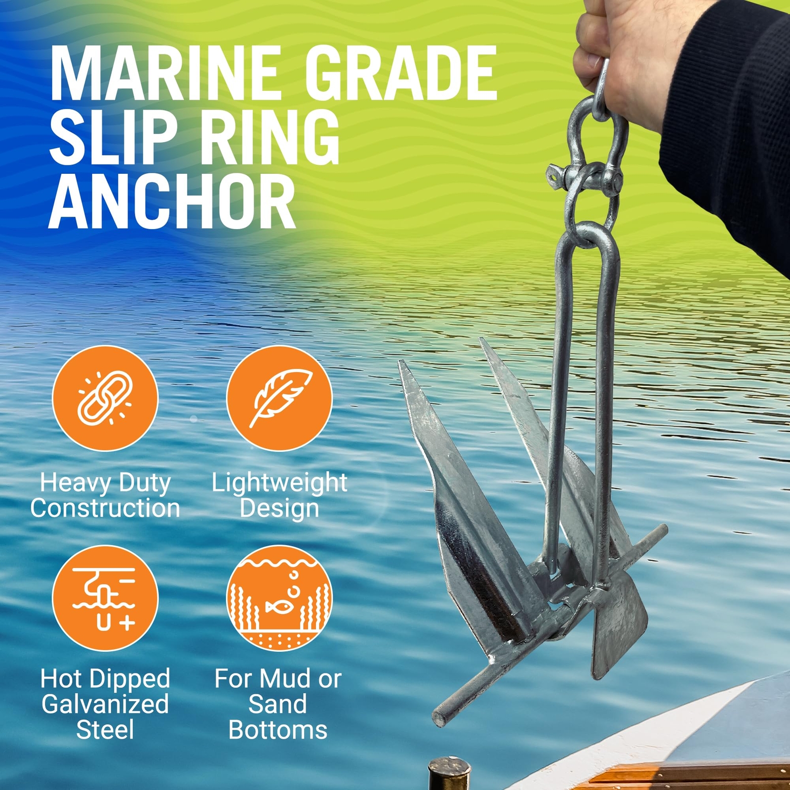 Boat Anchor with Slip Ring, Fluke Design Galvanized Steel 5 lb Anchor