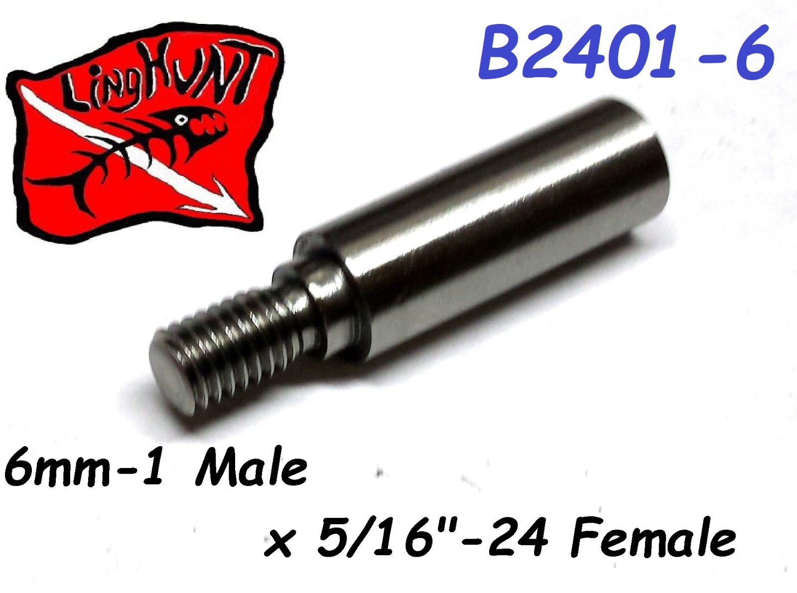 B2401-6 Adapter 6 mm – 1 Male x 5/16-24 Female, Speargun Tip, 3/8″