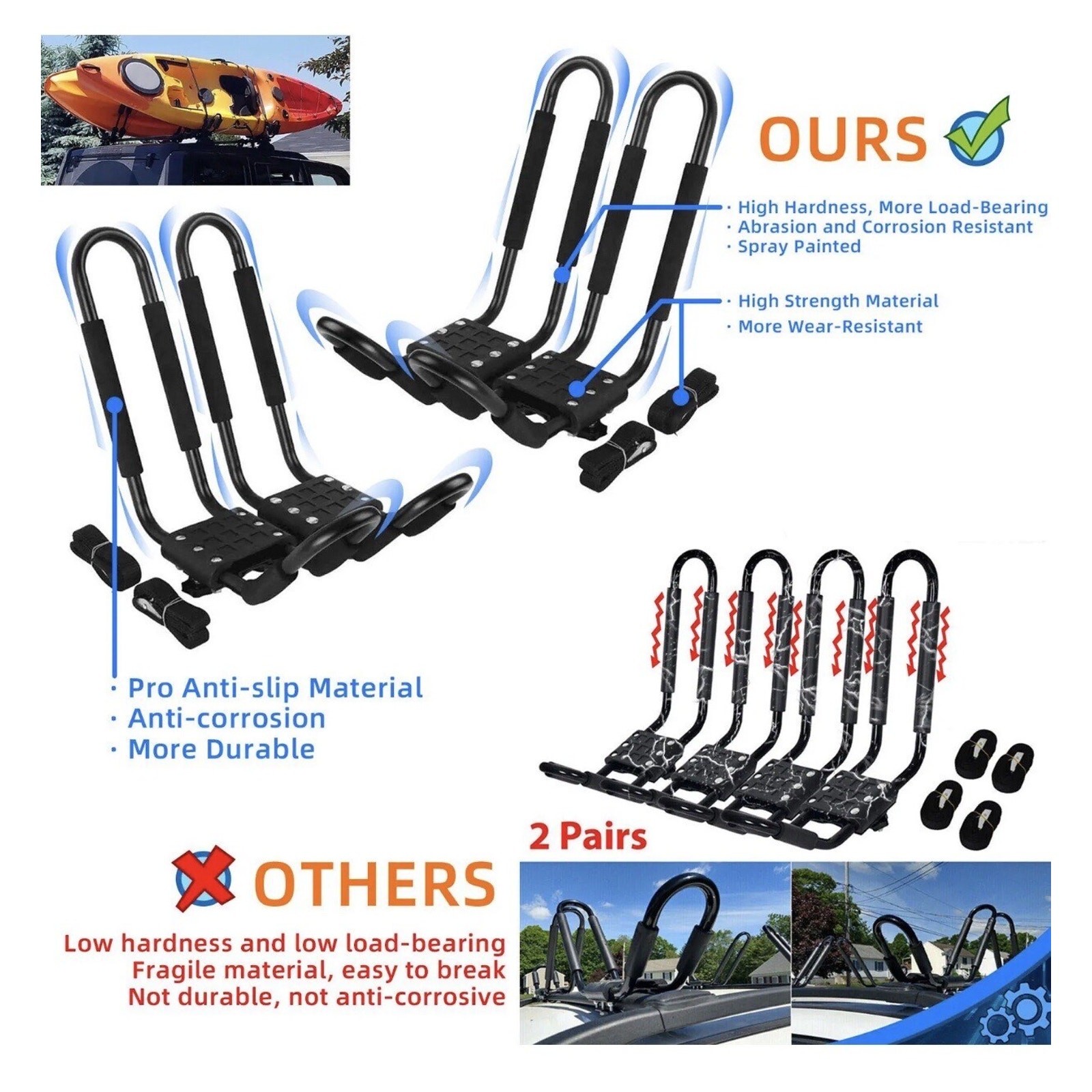 2Pair Kayak Roof Rack Carrier Boat Ski Surf Roof Mount Car Cross J-Bar Rack READ