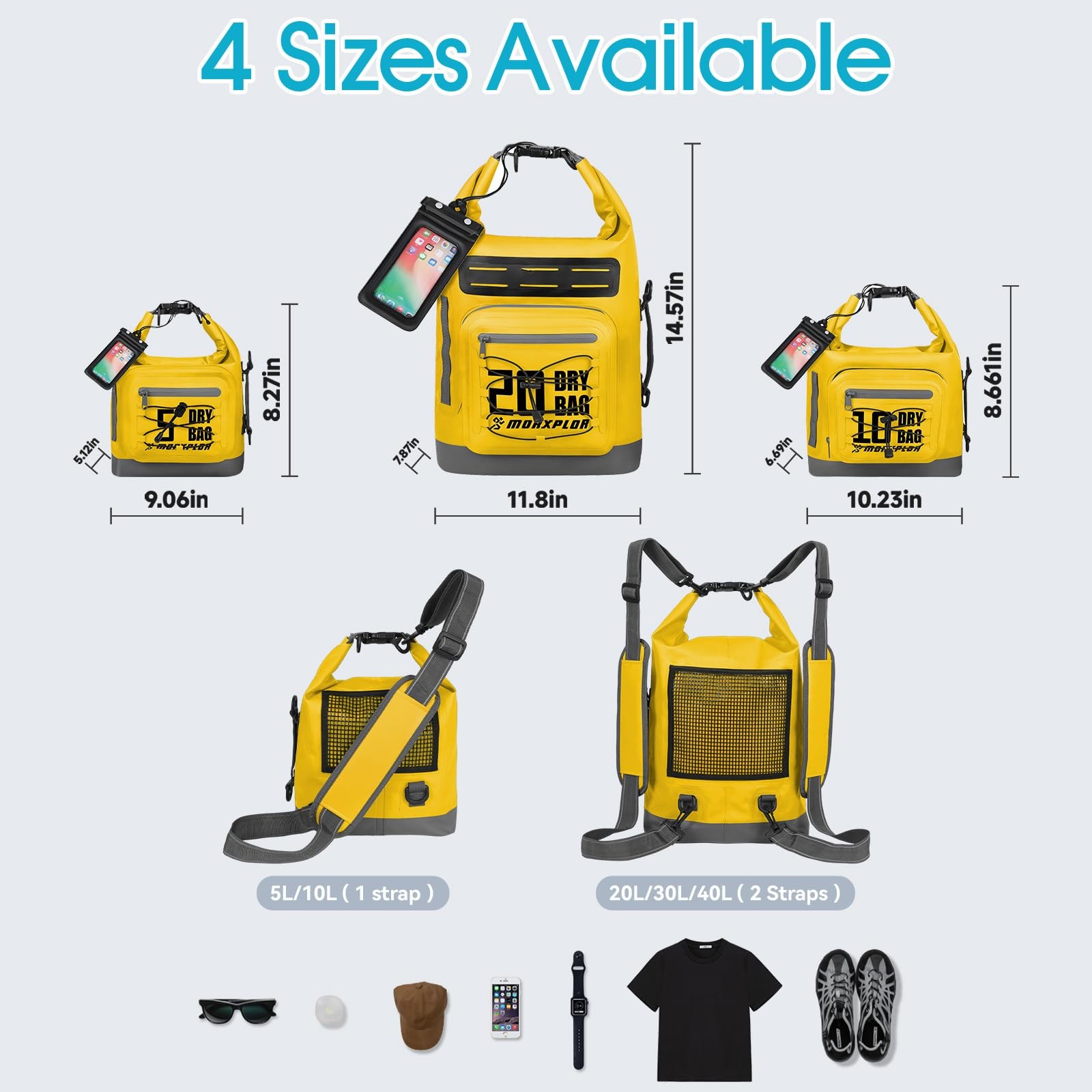 Waterproof Dry Bag Backpack 5L/10L/20L/30L with Phone Case for Kayaking &