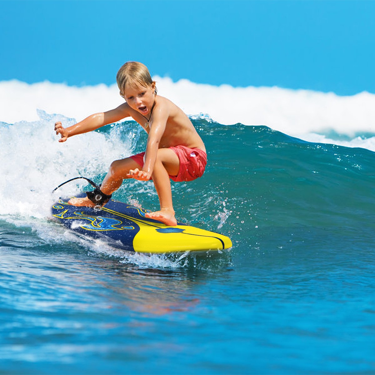 6′ Surfboard Foamie Body Surfing Board W/3 Fins & Leash for Kids Adults Yellow