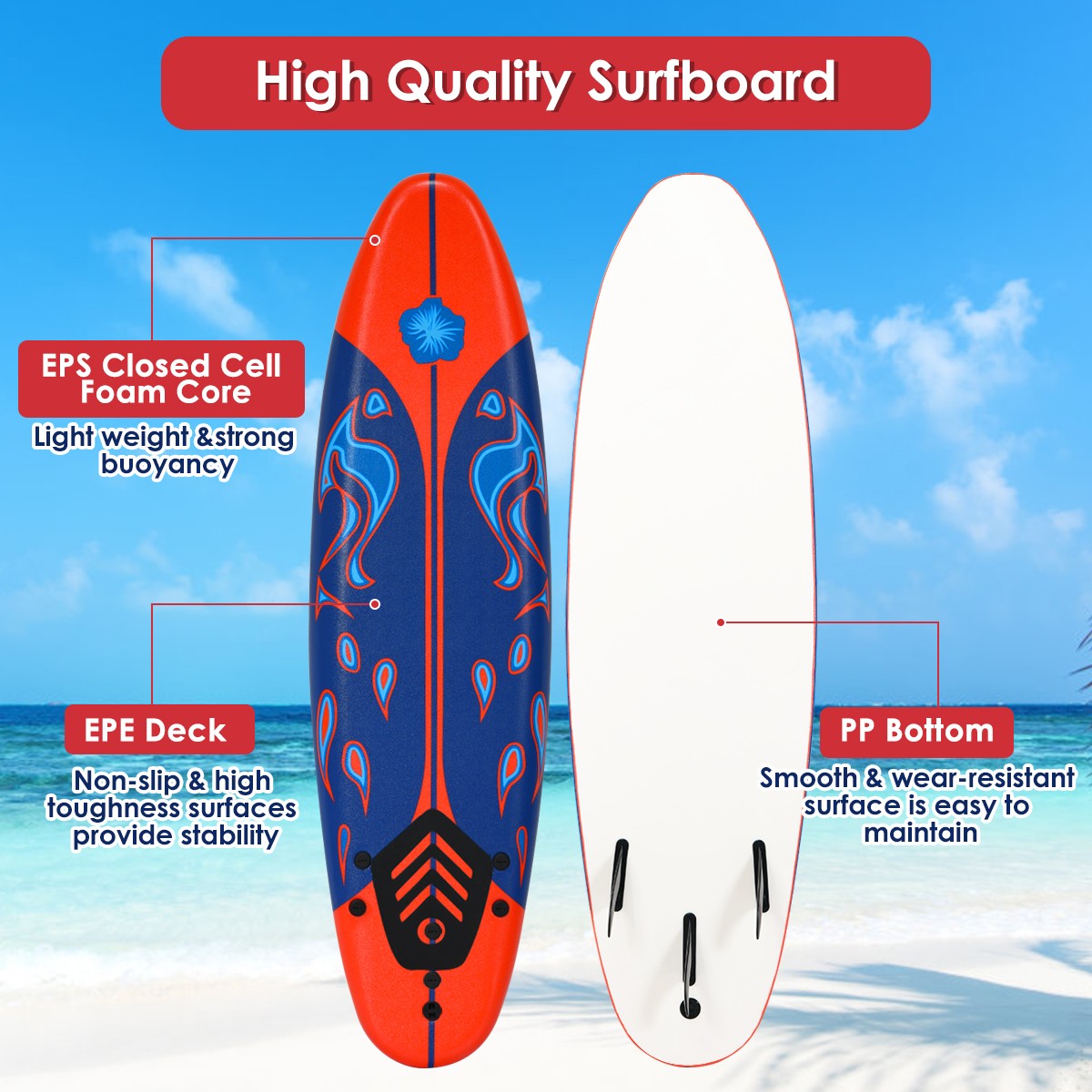 6′ Surfboard Foamie Body Surfing Board W/3 Fins Leash for Kids Adults Red