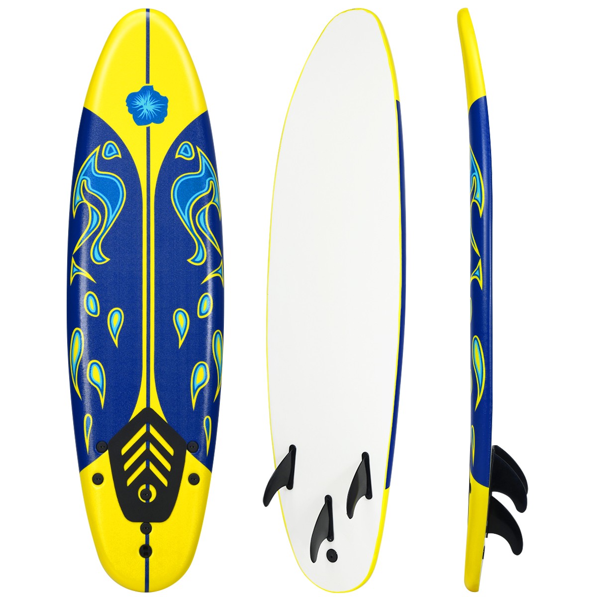 6′ Surfboard Foamie Body Surfing Board W/3 Fins & Leash for Kids Adults Yellow