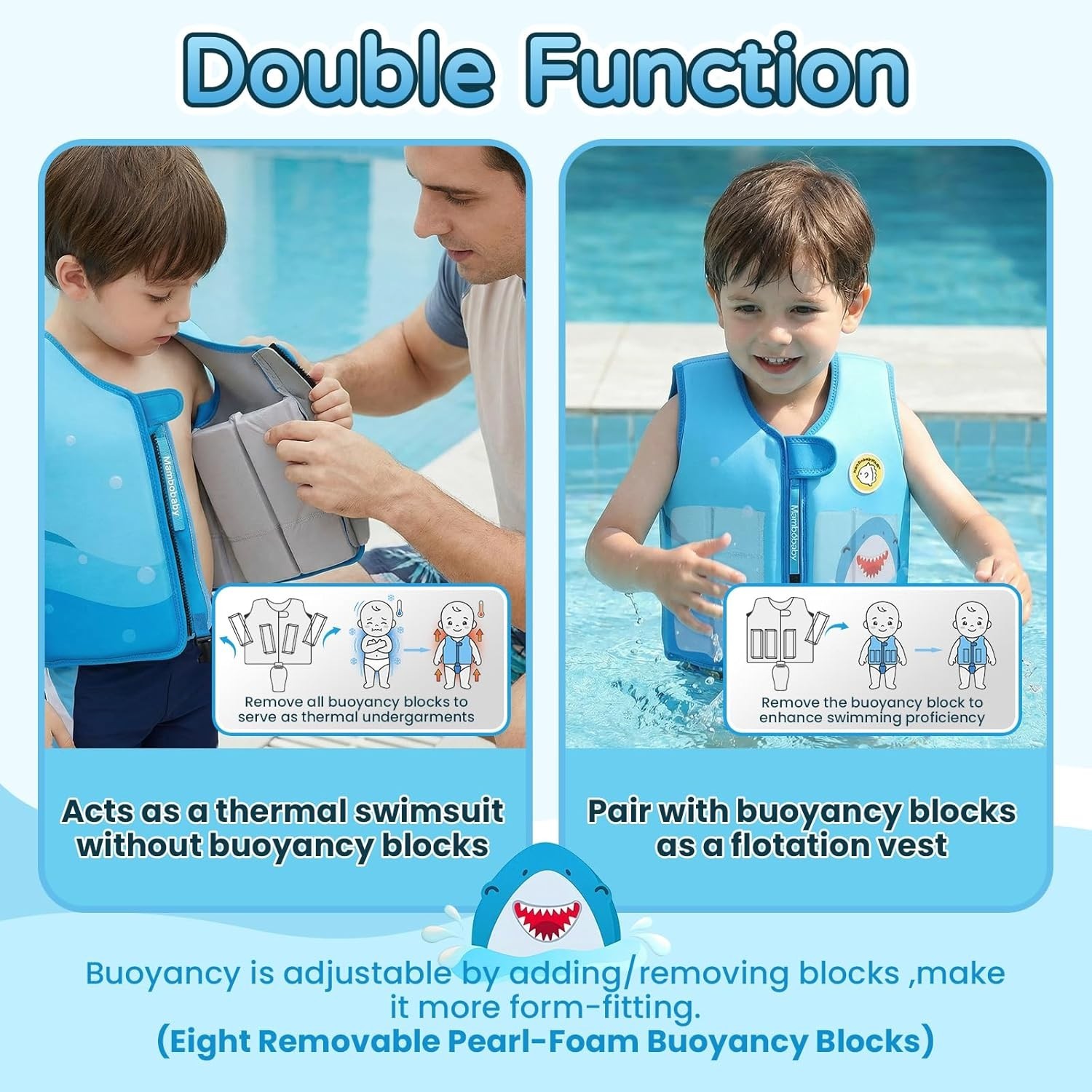 Mambobaby Kids Shark Swim Vest w/Built-in Detachable Buoyancy Boards 4-8yrs