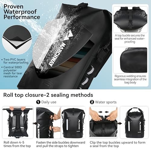 Waterproof Roll Top Backpack Dry Bag 20L/30L/45L, Ergonomic Cushioned Back, Hip