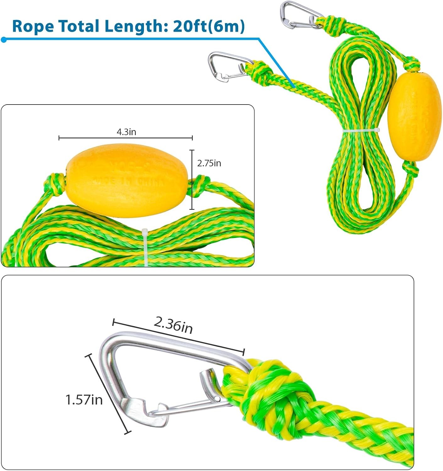 20FT Floating Kayak Tow Rope Quick Connect Clips Jet Ski Water Sport Accessory