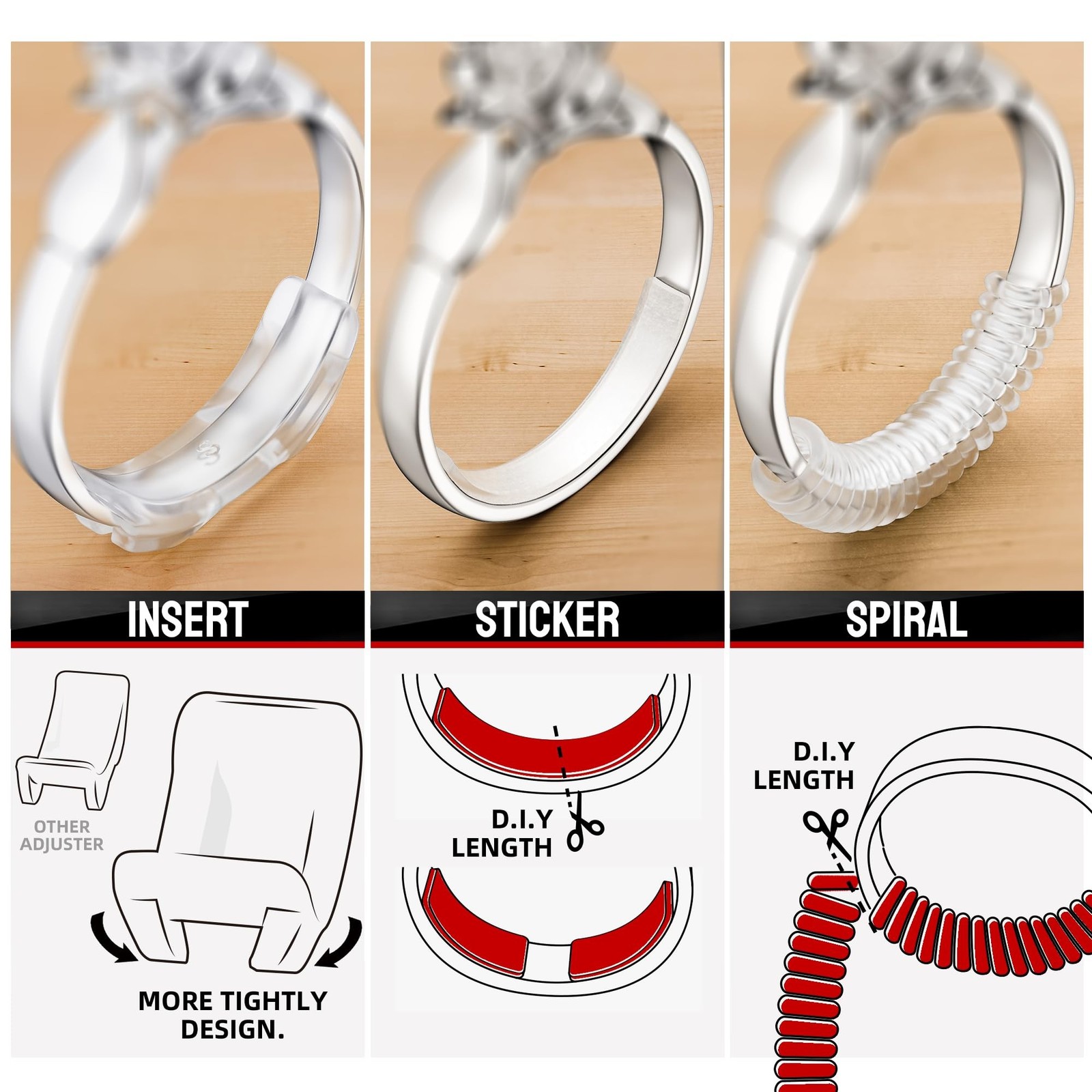 Omilly Ring Sizer Adjuster for Loose Rings – 62 Piece Set with 3 Styles (Ring…