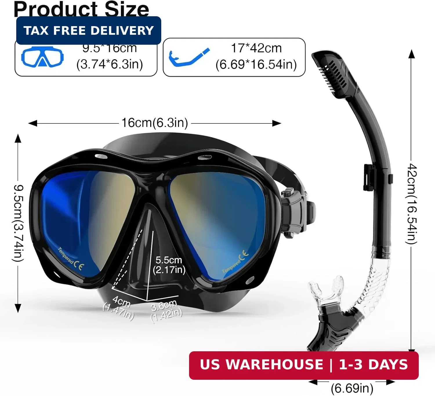 Snorkeling Gear for Adults, Snorkel Mask With Mirrored Tempered Glass Lens 180°