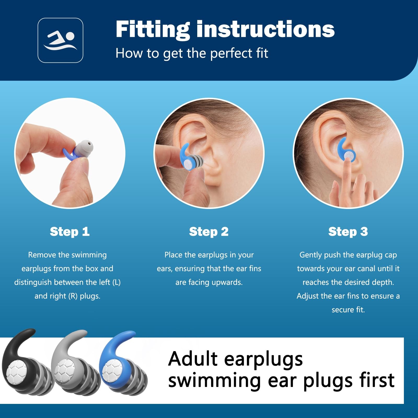 Swimming Ear Plugs for Adults,3 1 Count (Pack of 3), Adults-blue, Black, Grey