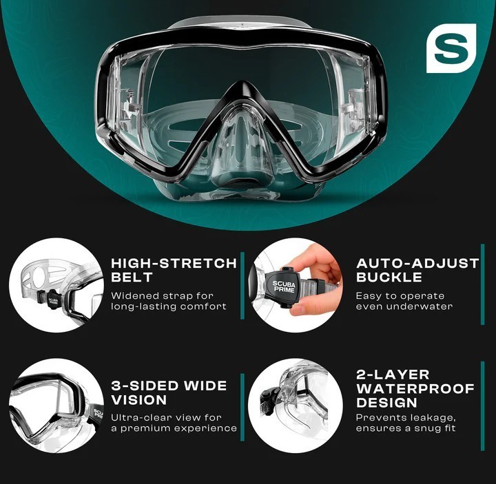 Scuba Prime Panoramic Dive Mask 180° Tempered Glass 3-Window Snorkeling Scuba…