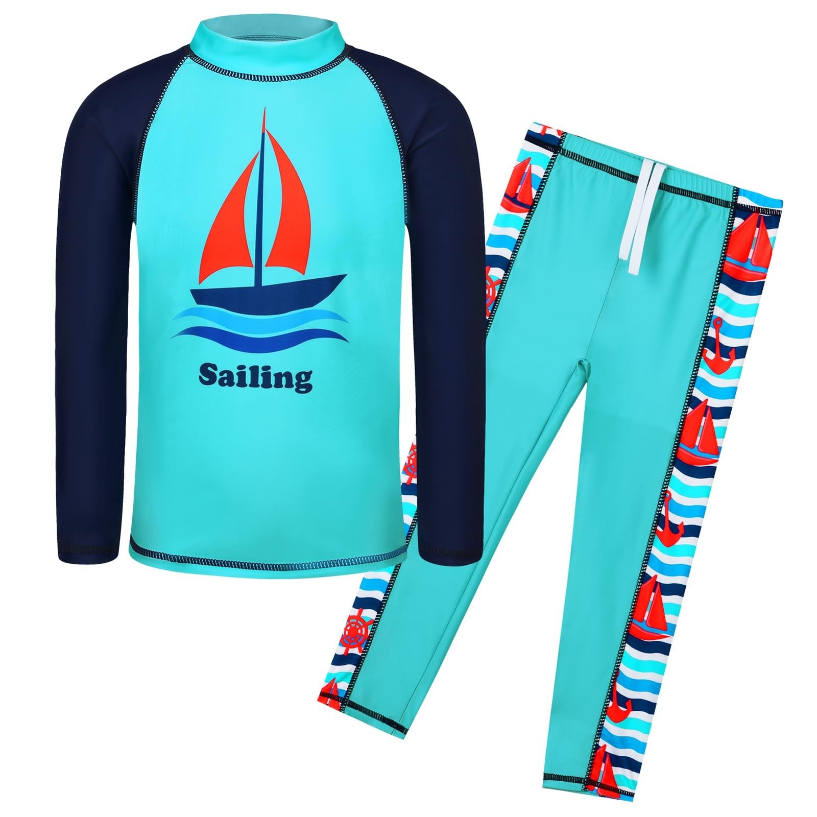 TFJH E Boys Rash Guard Swim Set UPF 50+ Long Sleeve 2 Piece with Pants for Be…