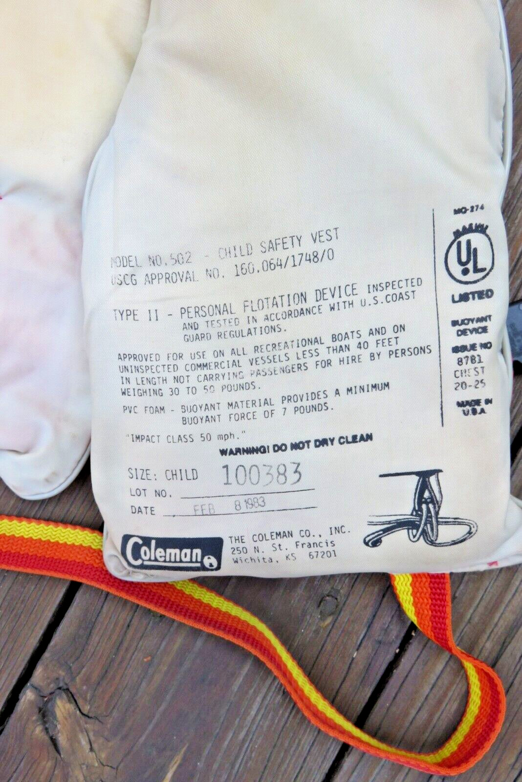 Vintage Coleman Type 2 Personal Flotation Device Life Jacket Youth Child 20-25″