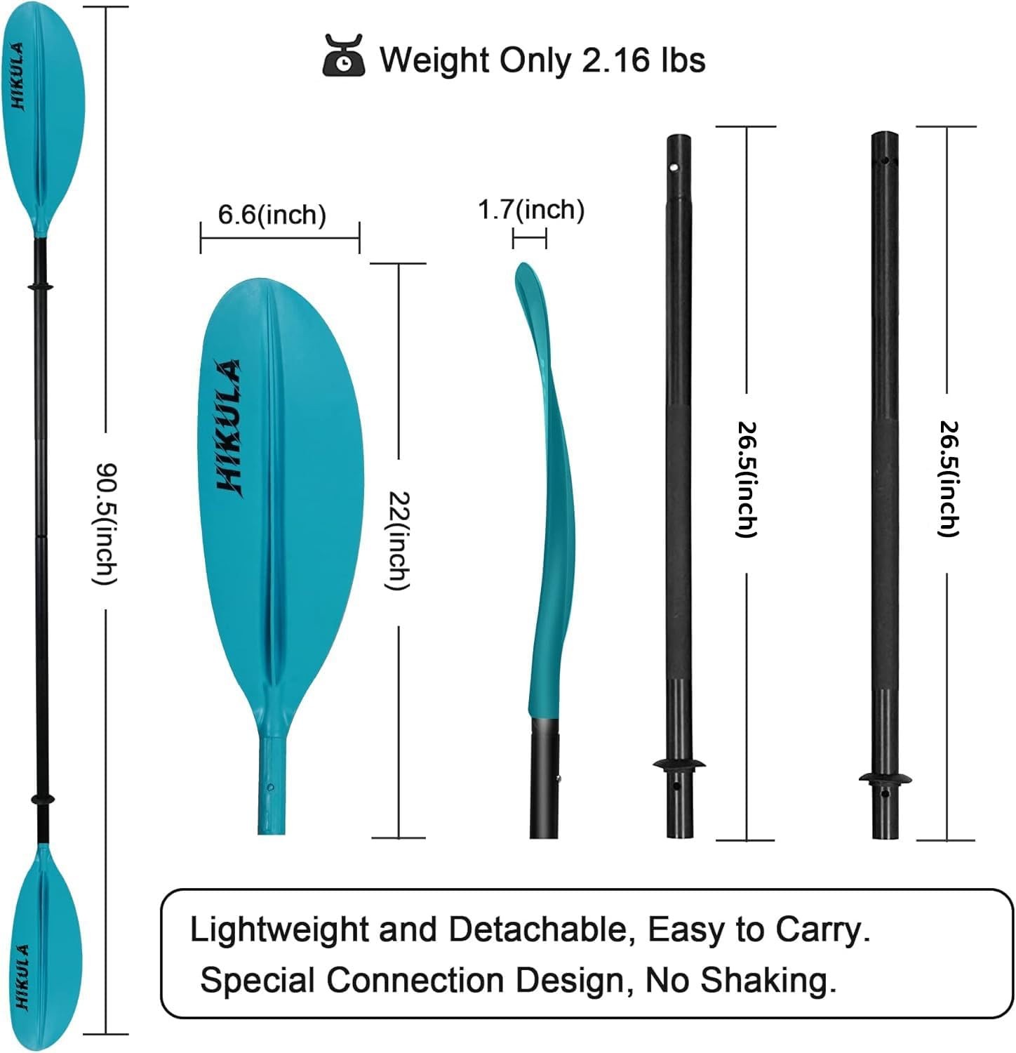 Kayak Paddle 4 Pieces Aluminum Shaft and PP Blade Floating 86.6In/220Cm, 90.5Inc