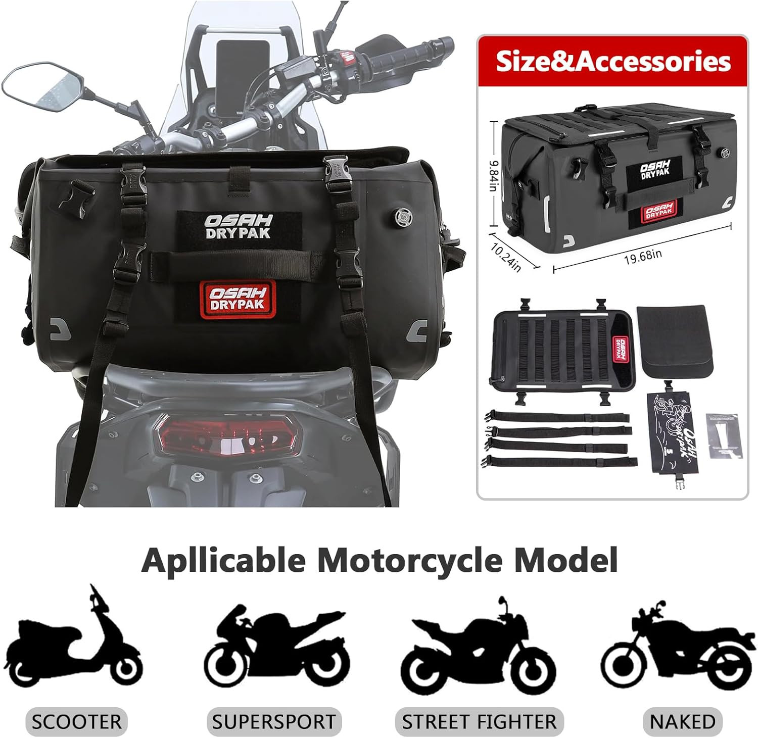 Waterproof Motorcycle Tail Bag, 40L Waterproof Duffel Bag, Motorcycle Dry Bag, M