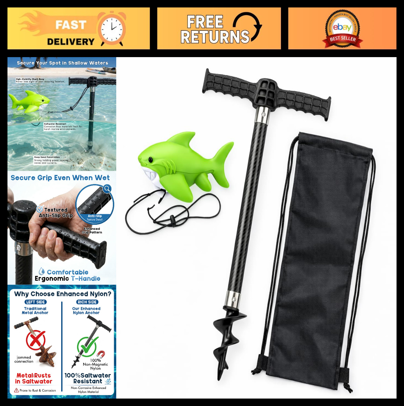 Heavy-Duty Carbon Fiber Sand Anchor with Nylon Auger for Kayak, Jet Ski & Paddle
