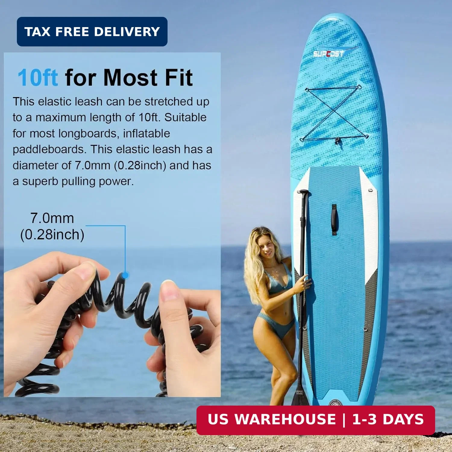 10 Ft Surf Board Leash, 5.5Mm/7.0Mm Thick Urethane Coiled Paddle Board Leash. Co