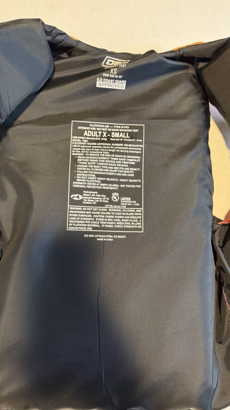DBX Life Jacket Adult X-small U.S Coast Guard Approved