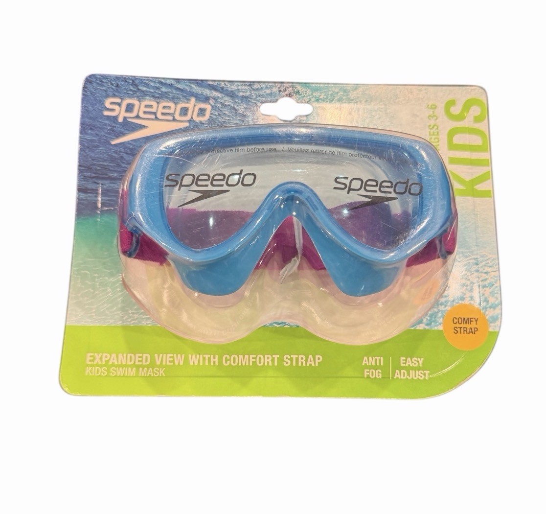 Speedo Kids’ Swim Mask with Fabric Strap – Blue/Purple Ages 3-6 Polycarbonate