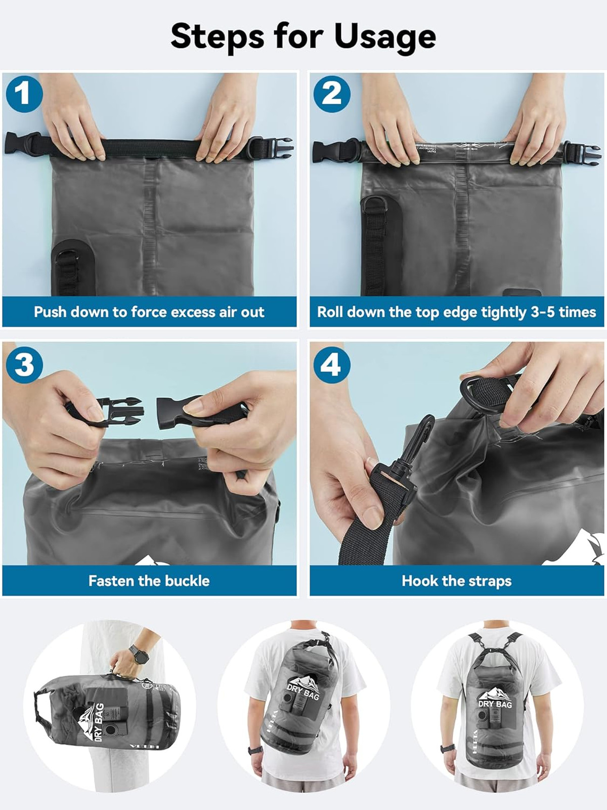 Waterproof Dry Bag, PVC Lightweight Roll Top with Phone Case, 5L to 40L