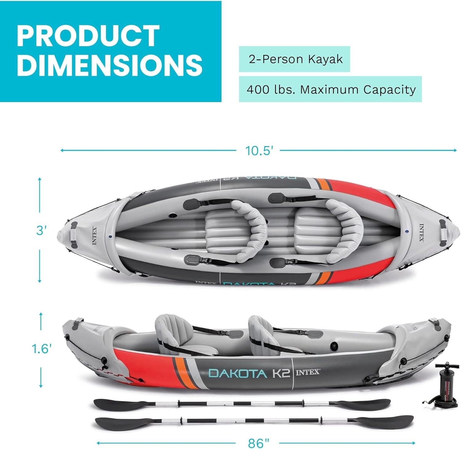 INTEX 2-Person Inflatable Kayak Set, Dakota K2 with 86in Oars and Pump