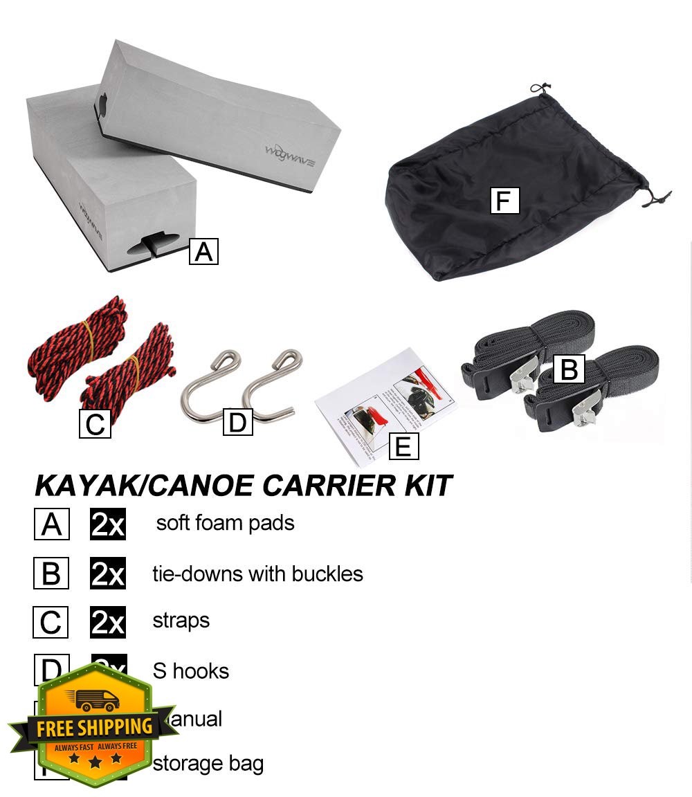 WOOWAVE Kayak Carrier Kit Soft Foam Block Roof Rack Pads Tie-Downs